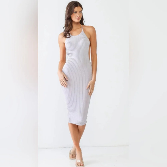 Sexy Ribbed Halter Neck Criss-Cross Back Midi Dress #434-436 - Picture 4 of 11